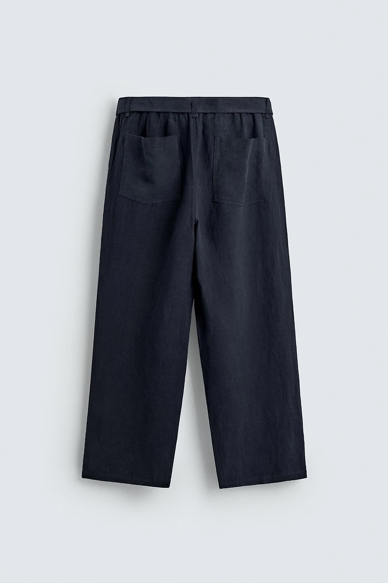 RELAXED FIT 100% LINEN BELTED PANTS