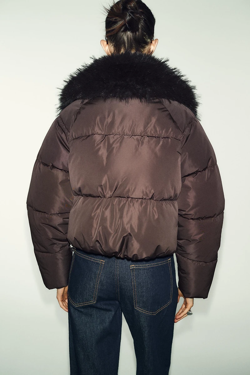 FAUX FUR LAPEL QUILTED BOMBER JACKET