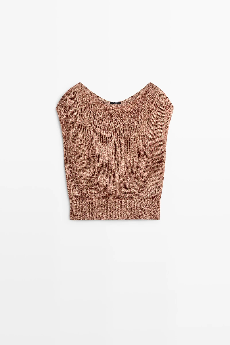 Cotton blend knit top with ribbed hem