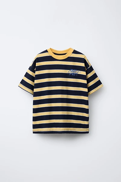 EMBROIDERED TEXT STRIPED T-SHIRT