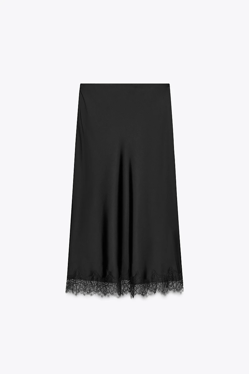 SATIN EFFECT LACE MIDI SKIRT