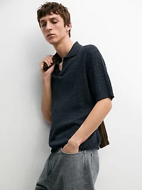 Short sleeve knit polo shirt with cable-knit detail