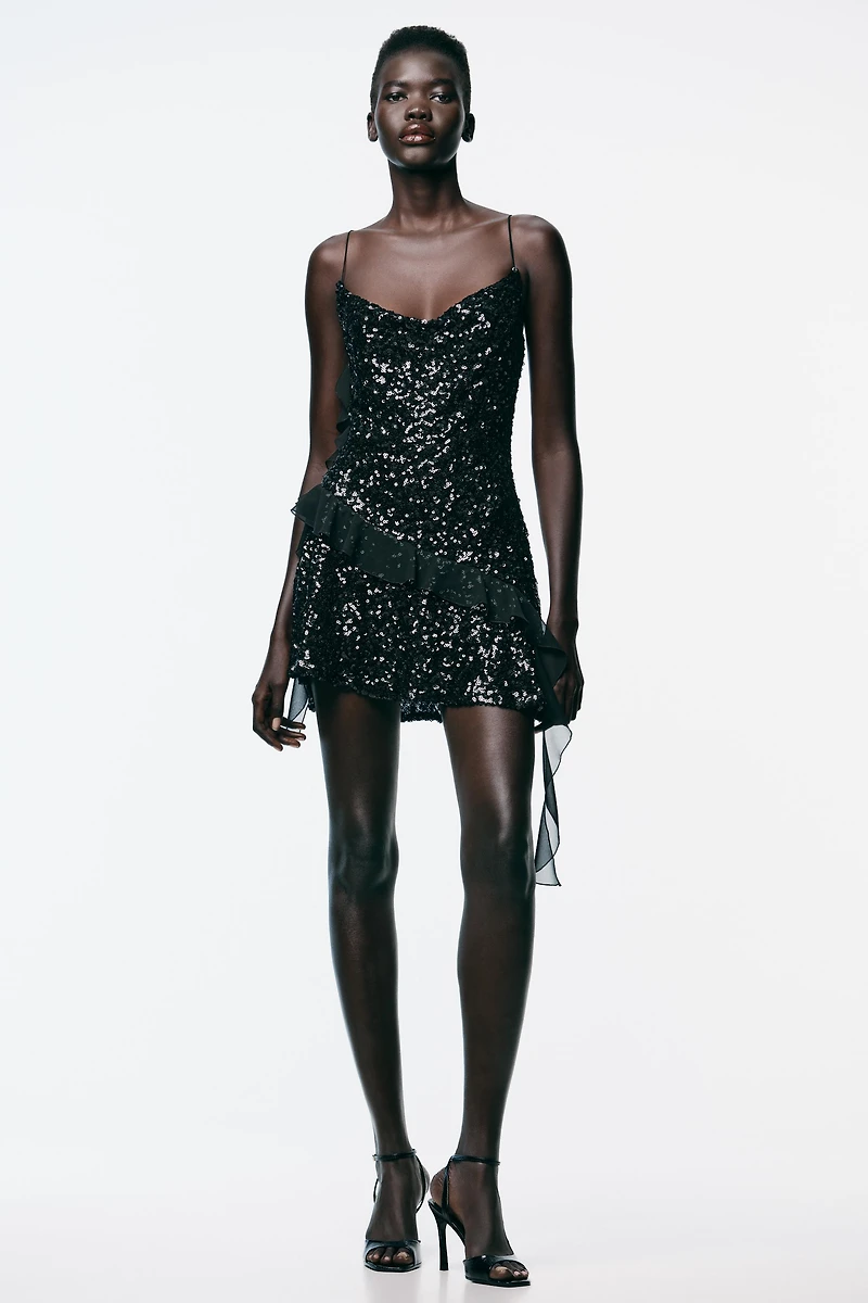 SEQUIN RUFFLE MINI DRESS