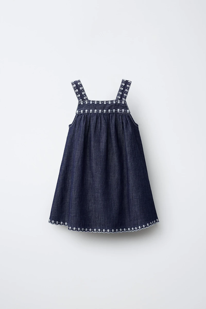 FLUID EMBROIDERED FLORAL DENIM DRESS