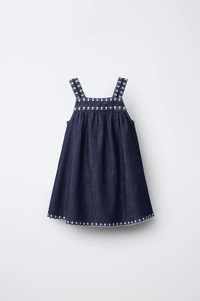 FLUID EMBROIDERED FLORAL DENIM DRESS