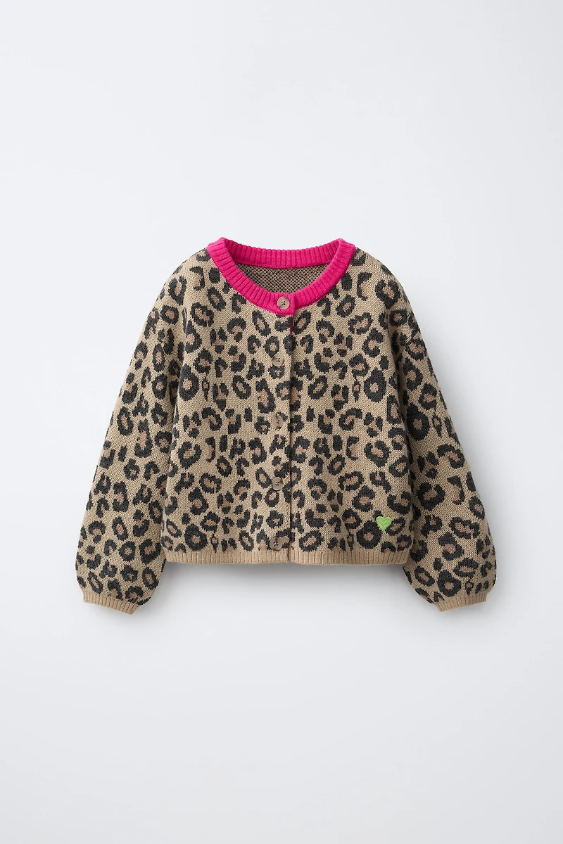 CONTRAST ANIMAL PRINT CARDIGAN