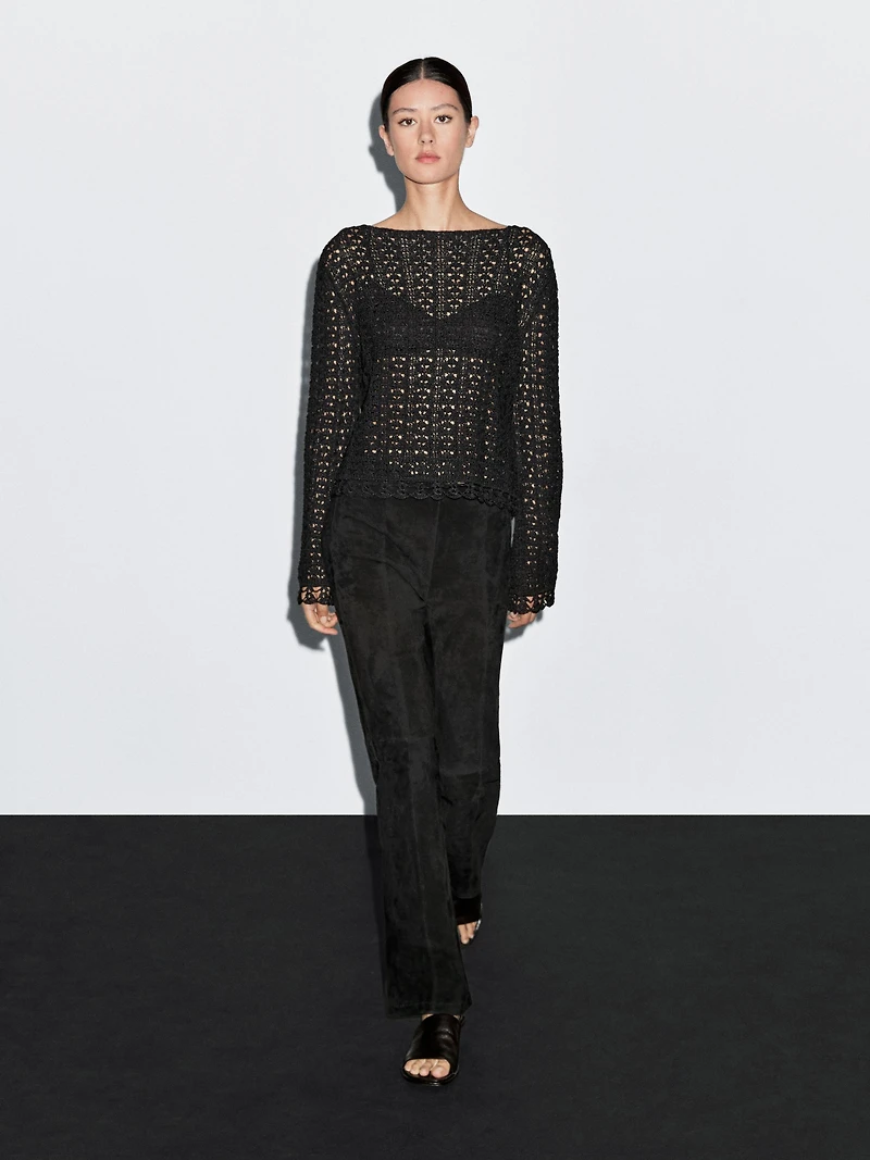 Cotton blend openwork crochet sweater