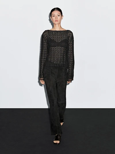 Cotton blend openwork crochet sweater