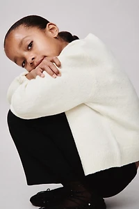 SATIN FLOWER BUTTON KNIT CARDIGAN