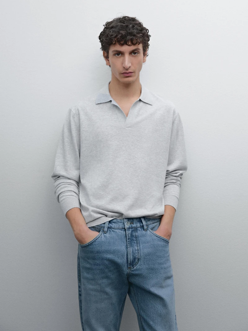 Cotton blend knit polo sweater