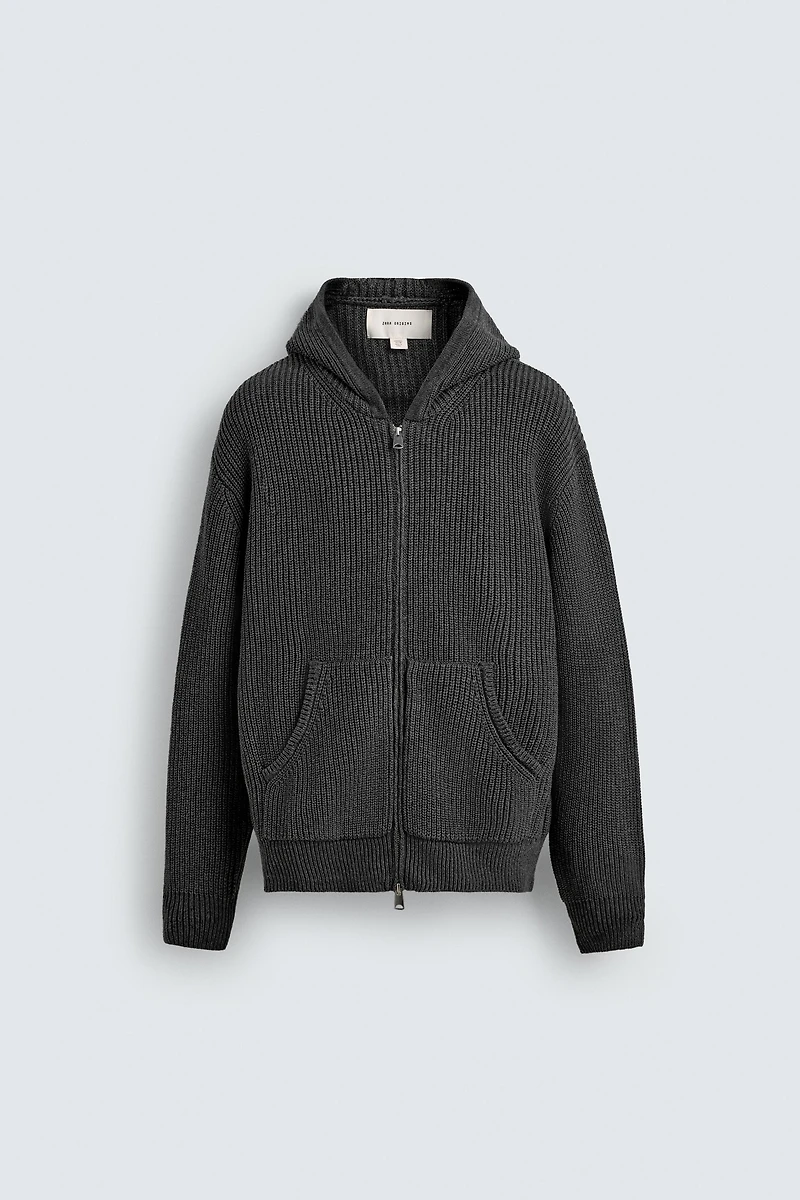 VESTE EN TRICOT DE COTON PERLÉ - LAINE À CAPUCHE