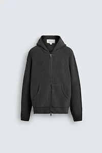 VESTE EN TRICOT DE COTON PERLÉ - LAINE À CAPUCHE