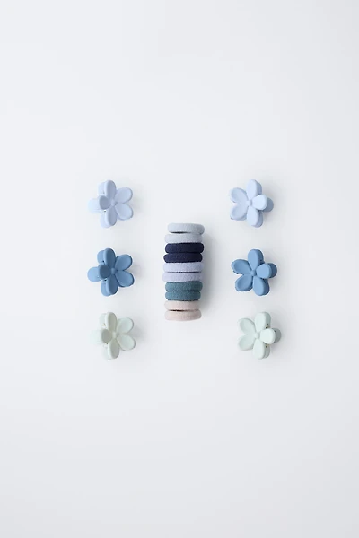 BOX SET OF FLOWER HAIR CLIPS AND HAIR TIES