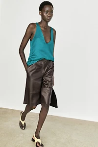 Satin linen blend V-neck top