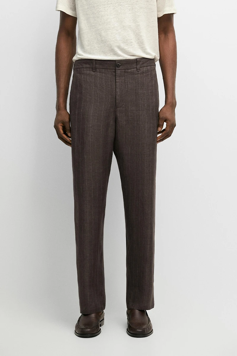 Pantalon straight rayé 100 % lin