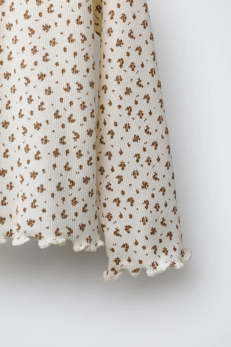 FLORAL ANIMAL FUZZY PATCH RIBBED T-SHIRT