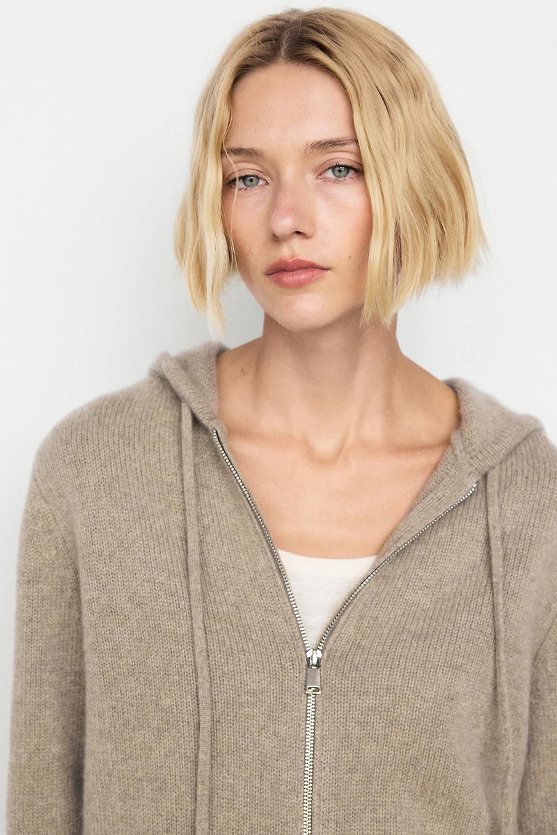 100% cashmere hooded zip-up cardigan