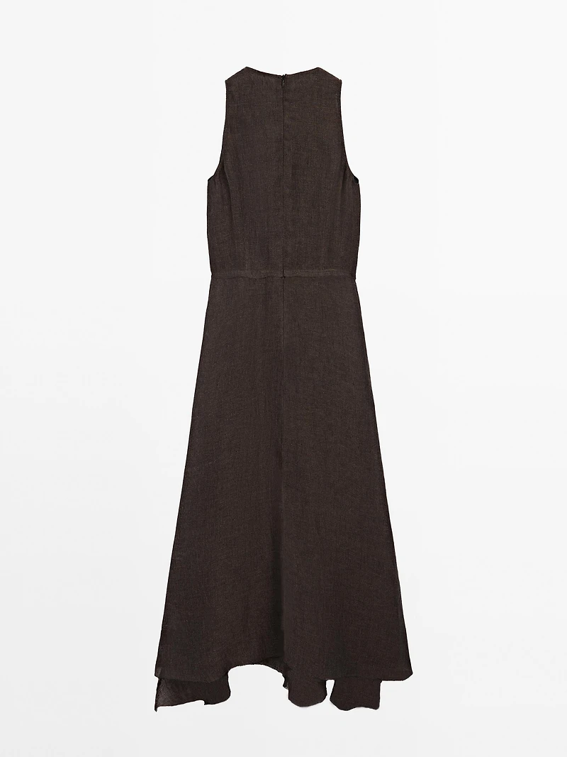 100% linen midi dress with frayed trims
