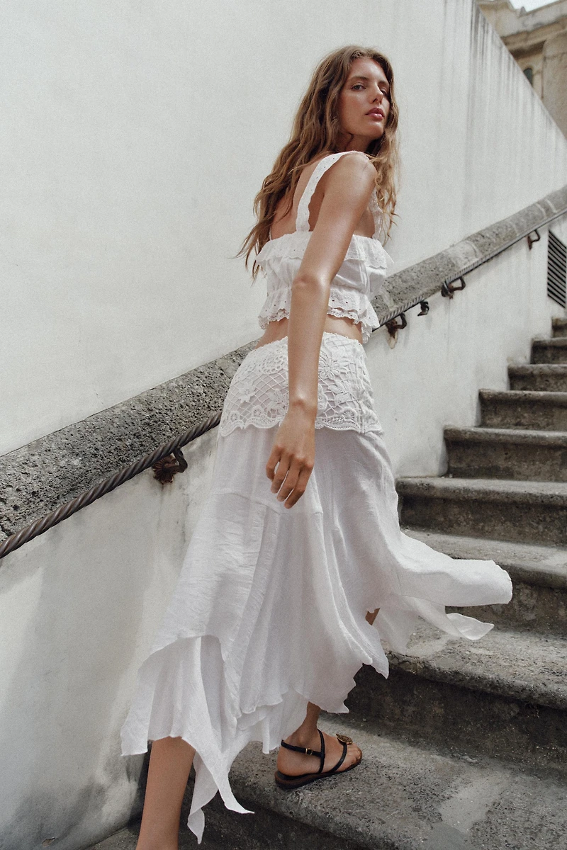 ASYMMETRIC EMBROIDERED MIDI SKIRT