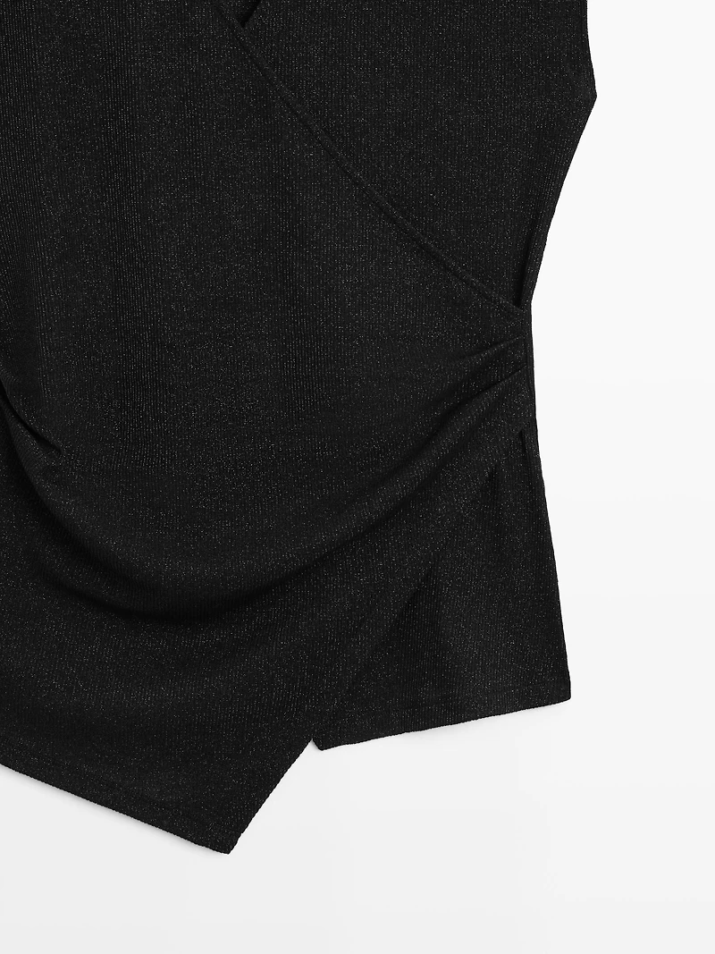 Metallic finish top with surplice neckline