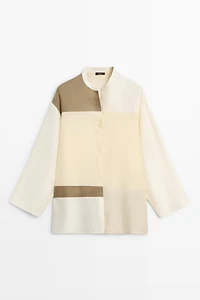 Patchwork stand collar flowing shirt