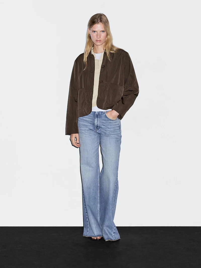 Cropped puffer jacket with covered buttons