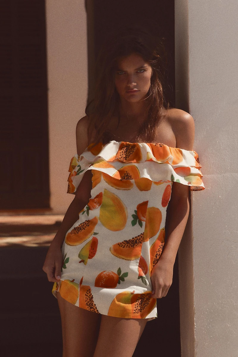 FRUIT PRINT RUFFLED MINI DRESS