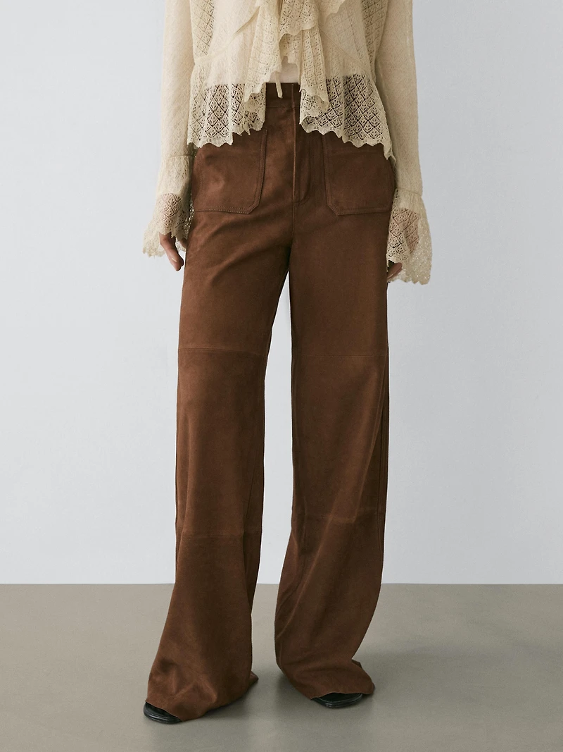 Pantalon large poches cuir daim