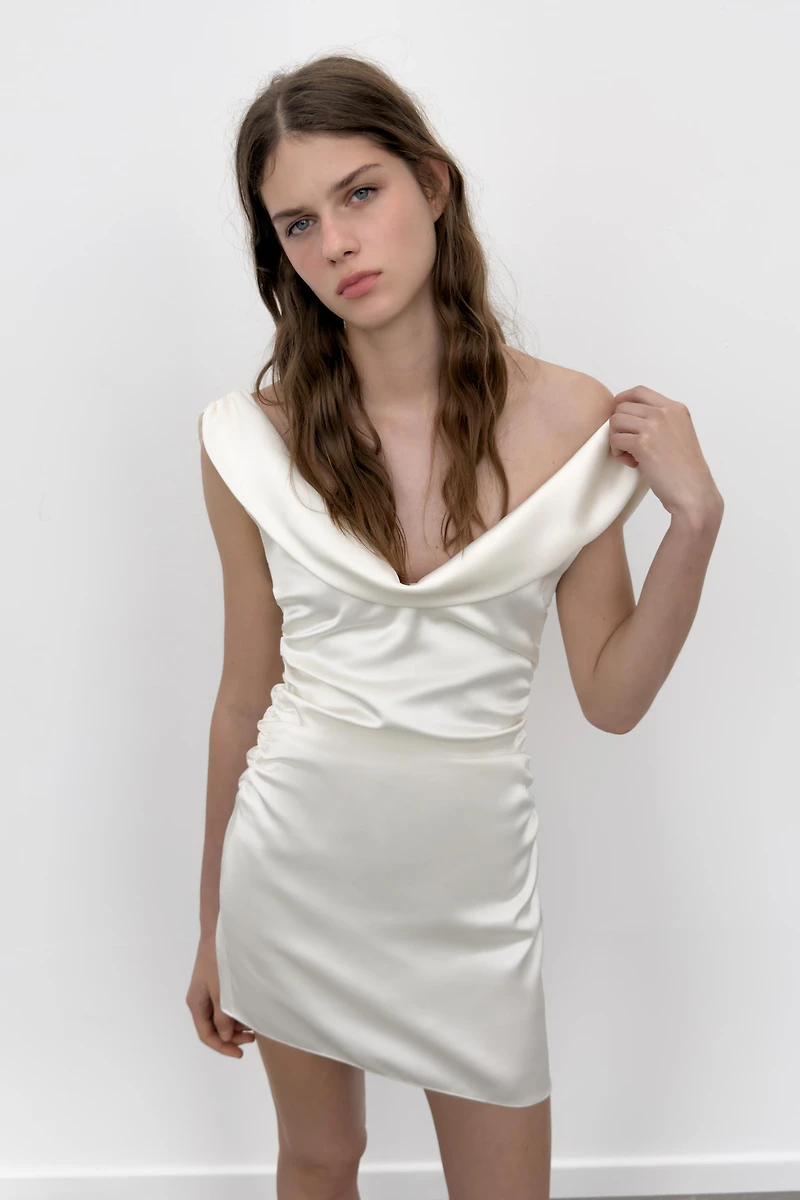 DRAPED SATIN MINI DRESS