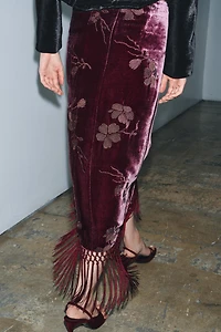VELVET WRAP SKIRT WITH FLORAL EMBROIDERY