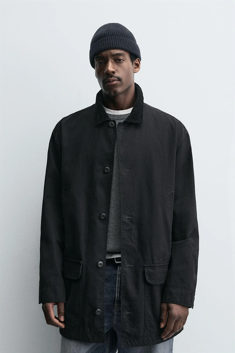 DENIM TRENCH COAT WITH CONTRASTING COLLAR
