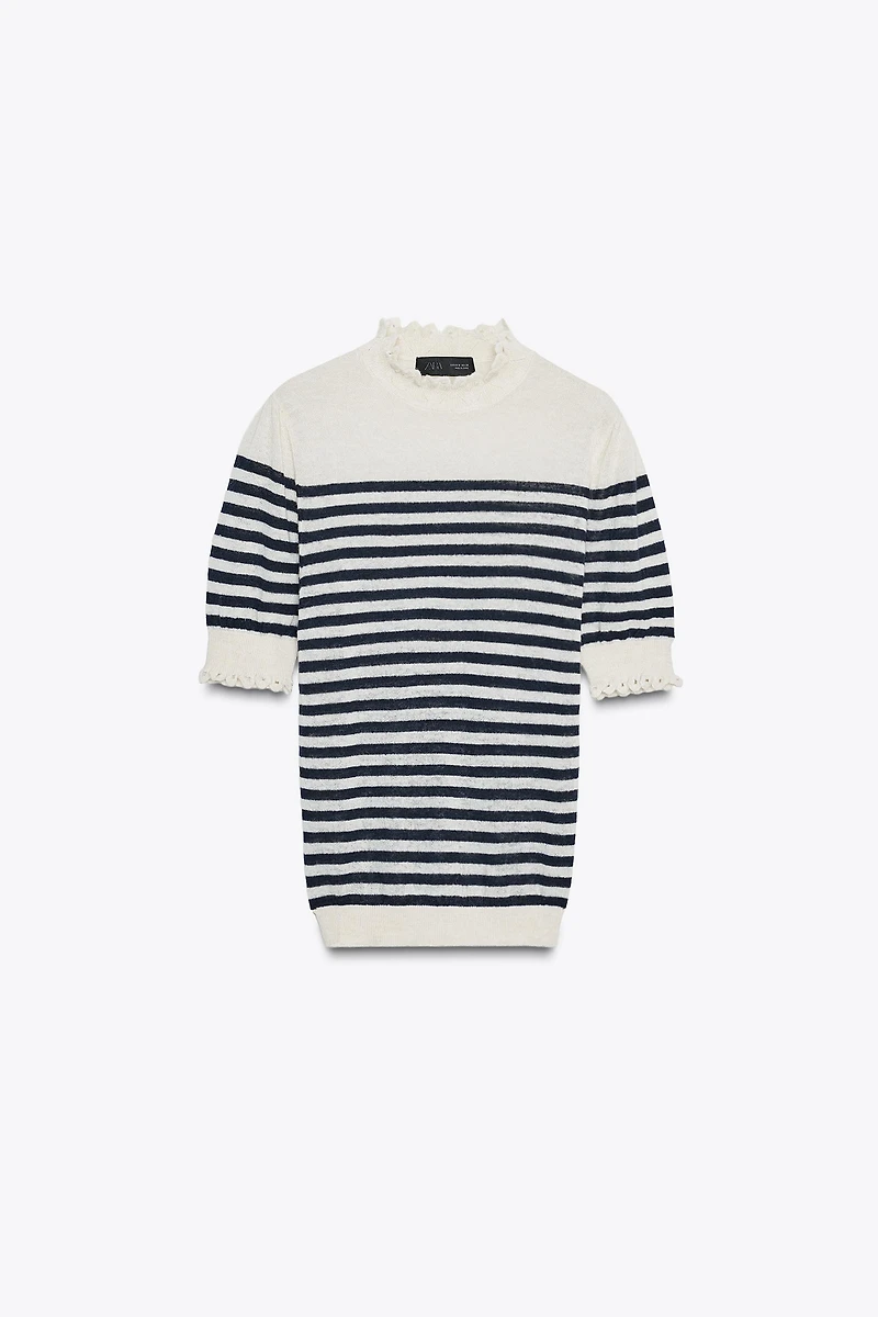 RUFFLE TRIM STRIPED KNIT TOP