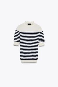 RUFFLE TRIM STRIPED KNIT TOP