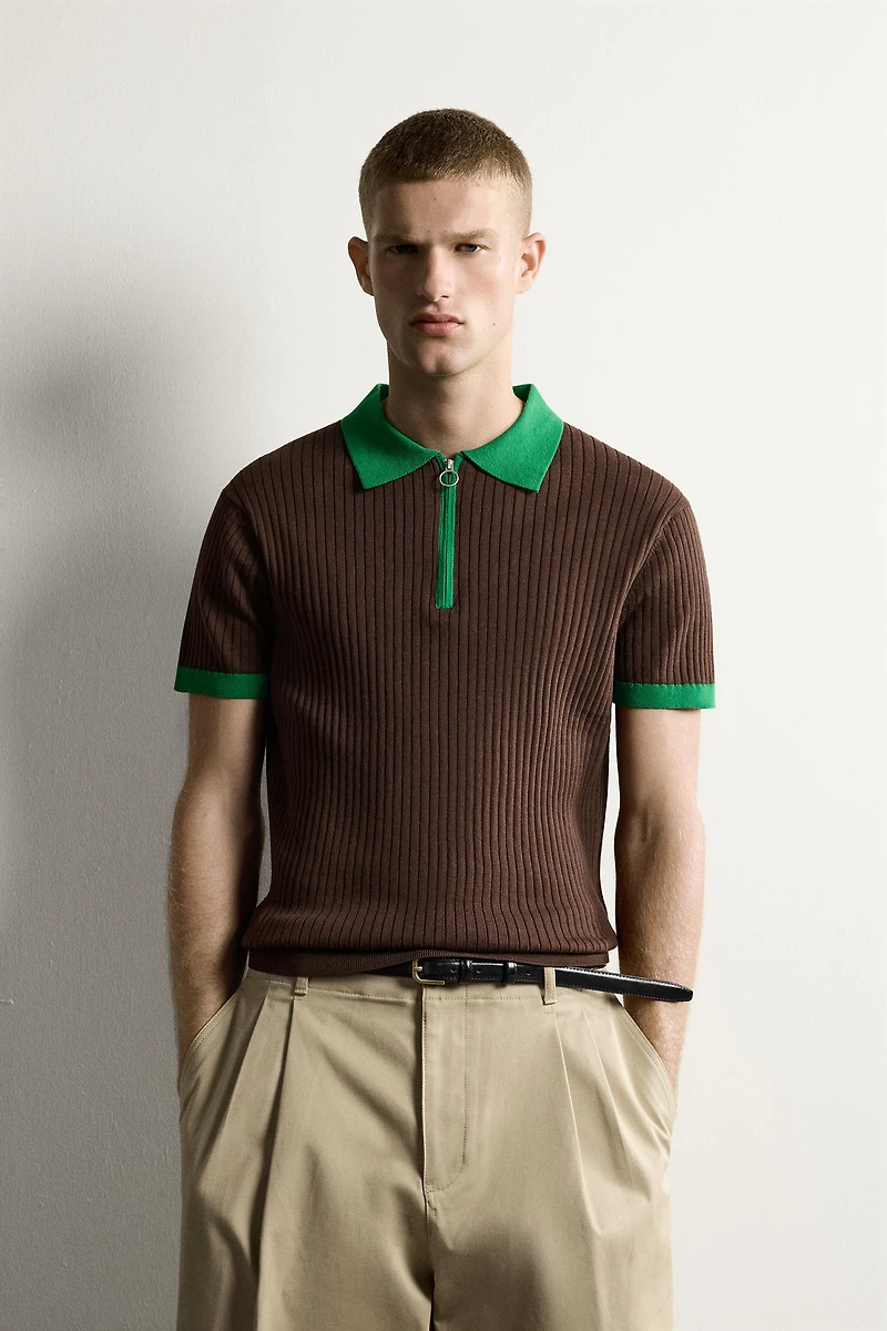 COLOR BLOCK ZIP KNIT POLO SHIRT