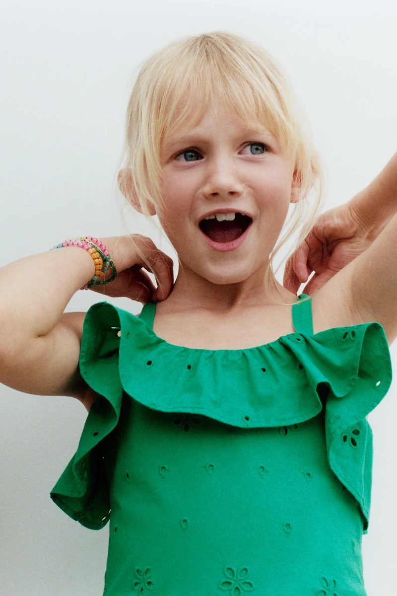 SCHIFFLY EMBROIDERED RUFFLE DRESS
