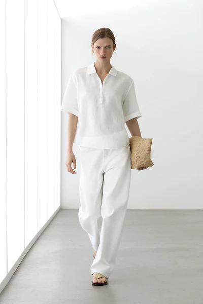 Short sleeve linen polo shirt