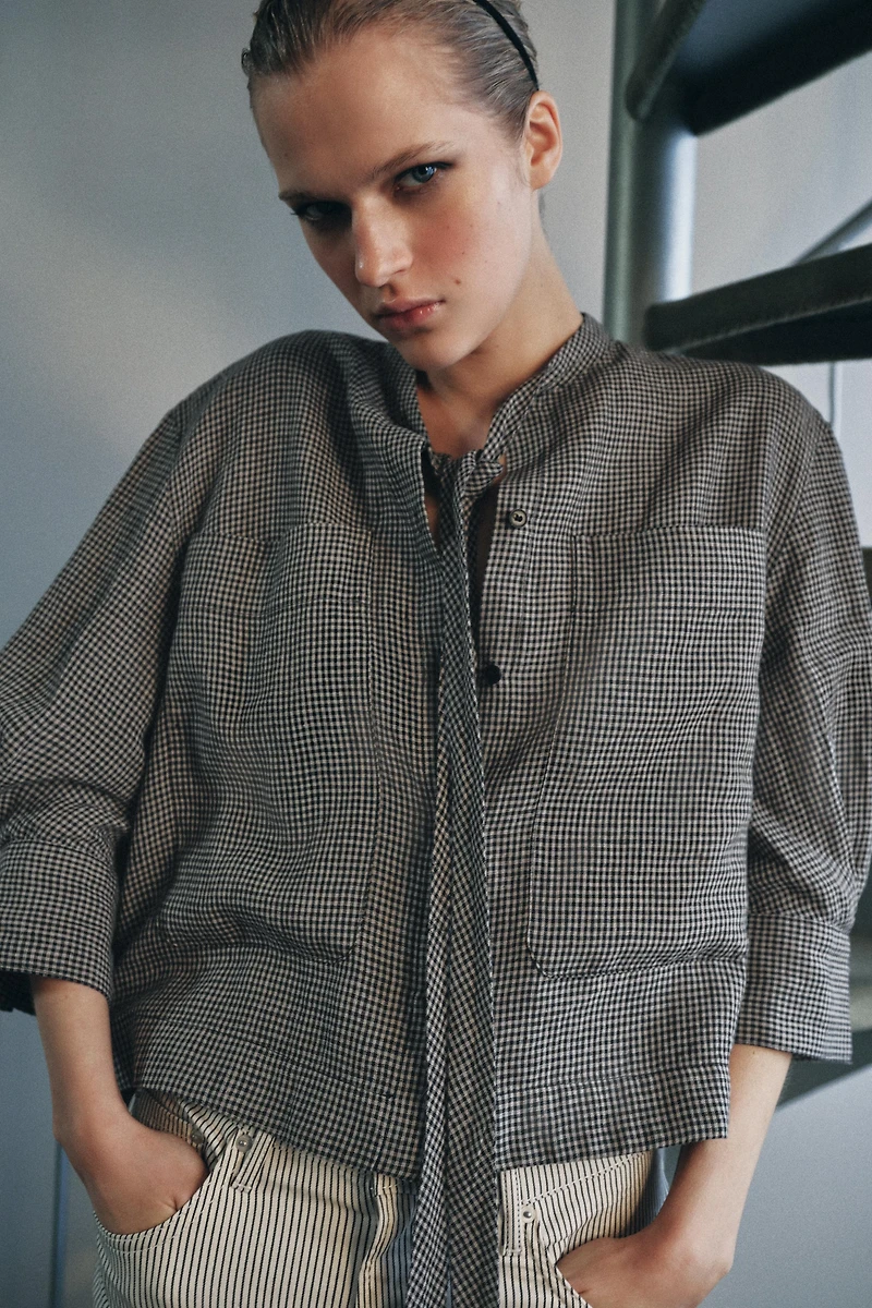 ZW COLLECTION 100% LINEN PLAID SHIRT