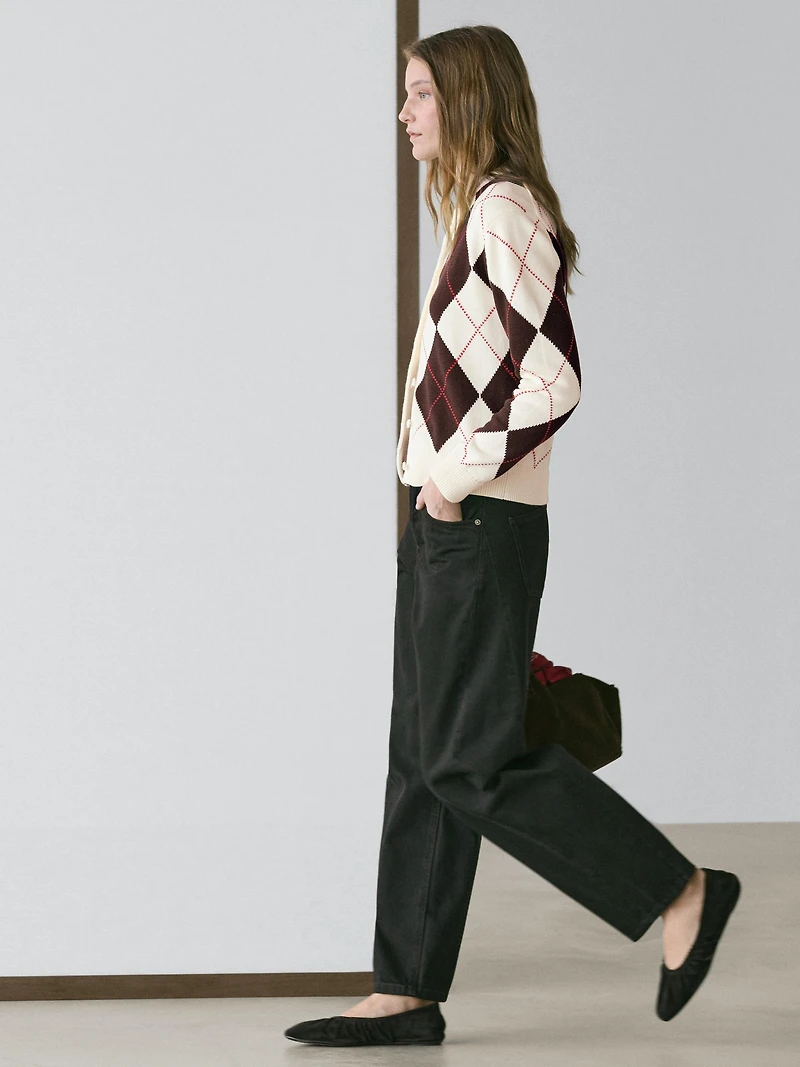 Cotton argyle knit cardigan