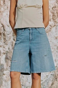 MID-RISE RIPPED BAGGY DENIM SHORTS