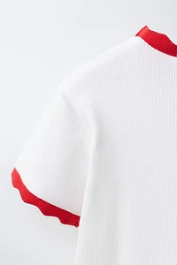 EMBROIDERED RIB T-SHIRT WITH CONTRAST PIPING