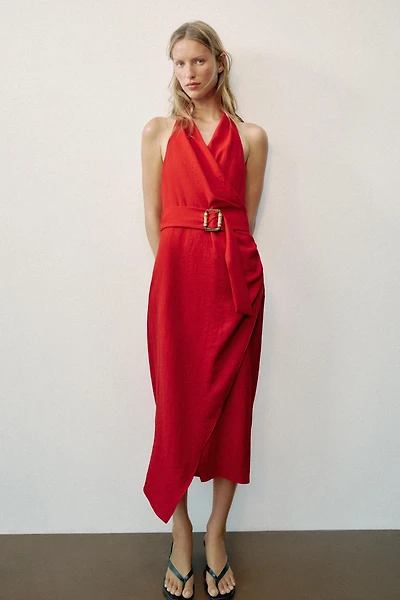 BELTED WRAP MIDI DRESS