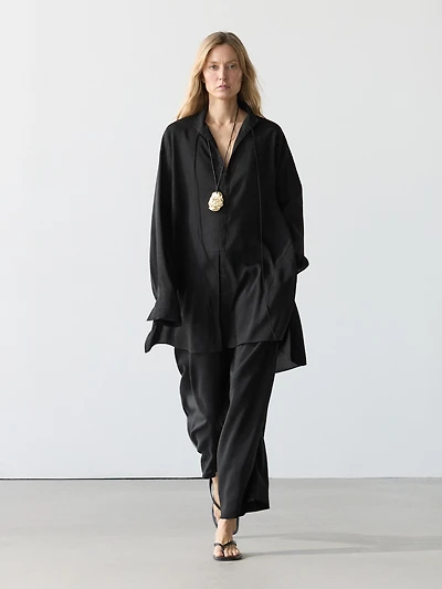 Flowing linen blend shirt with stand collar