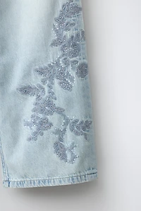 RHINESTONE EMBROIDERED FLORAL WIDE LEG JEANS