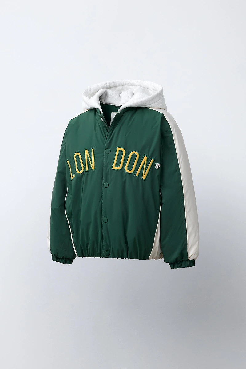 WATER REPELLENT BOMBER JACKET WITH DETACHABLE FLEECE HOODIE