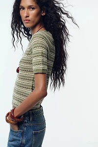 STRIPED TEXTURED KNIT SHORT SLEEVE TOP