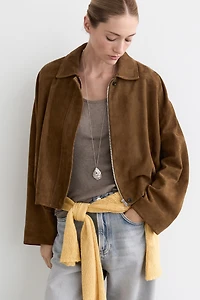 Short suede leather bomber jacket