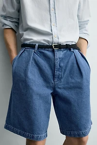 RELAXED FIT PLEATED DENIM SHORTS