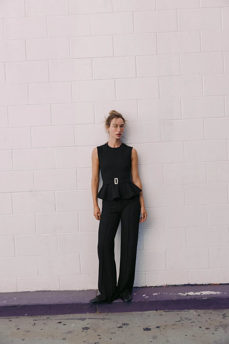 BOUCLÉ BUCKLE PEPLUM TOP