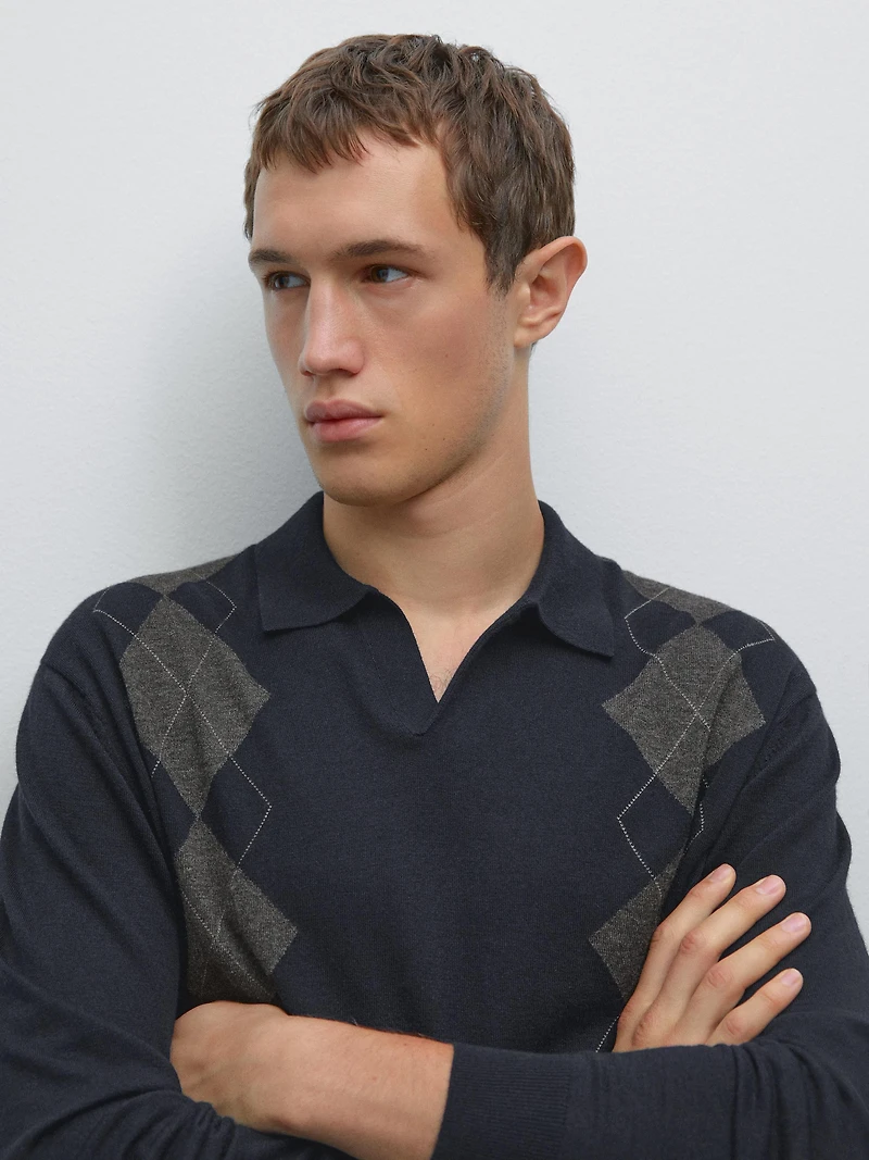 Wool blend Argyle knit polo sweater