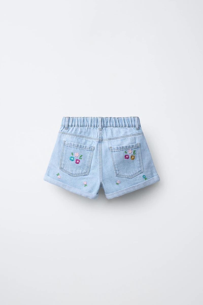 EMBROIDERED FLORAL DENIM SHORTS